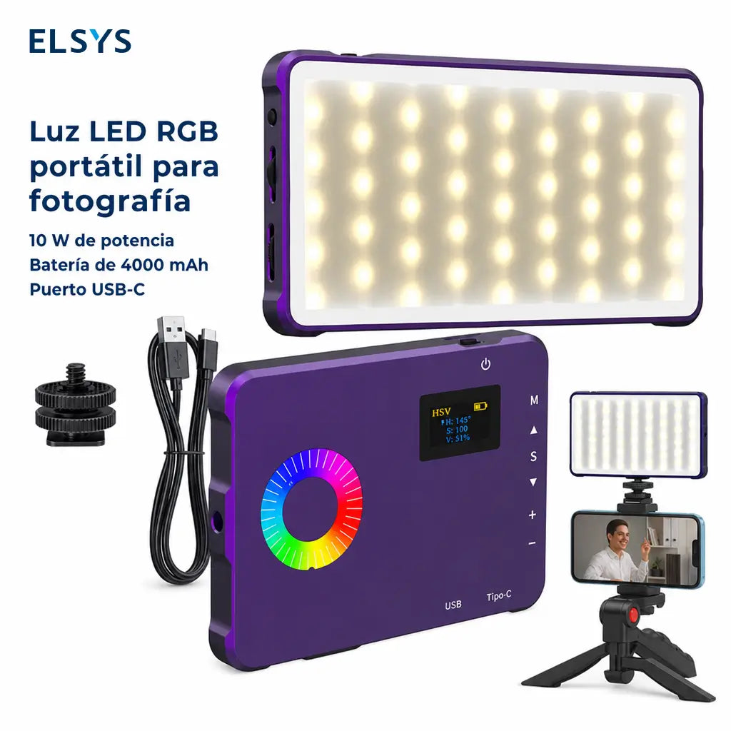 Luz fotográfica RGB recargable por USB 4000mAh compacta para cámara de celular, streaming en vivo y vlogs de viaje creativos diarios