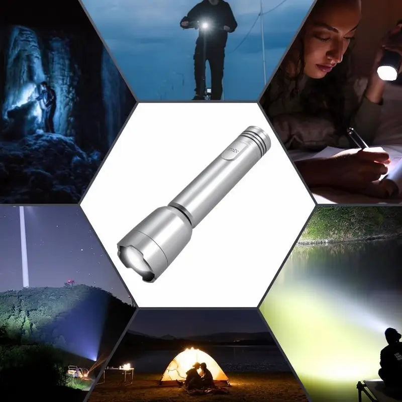 Linterna de Bolsillo Recargable 1200 Lúmenes con Zoom Ajustable 2 Tamaños Compacta para Camping y Emergencias