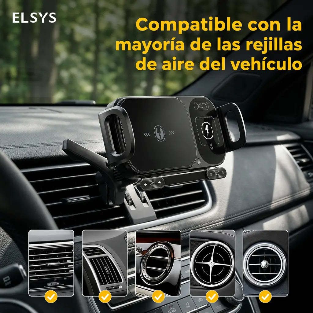 Soporte cargador inalámbrico 15W para auto con sujeción automática y rotación 90°, ideal para celulares plegables y grandes