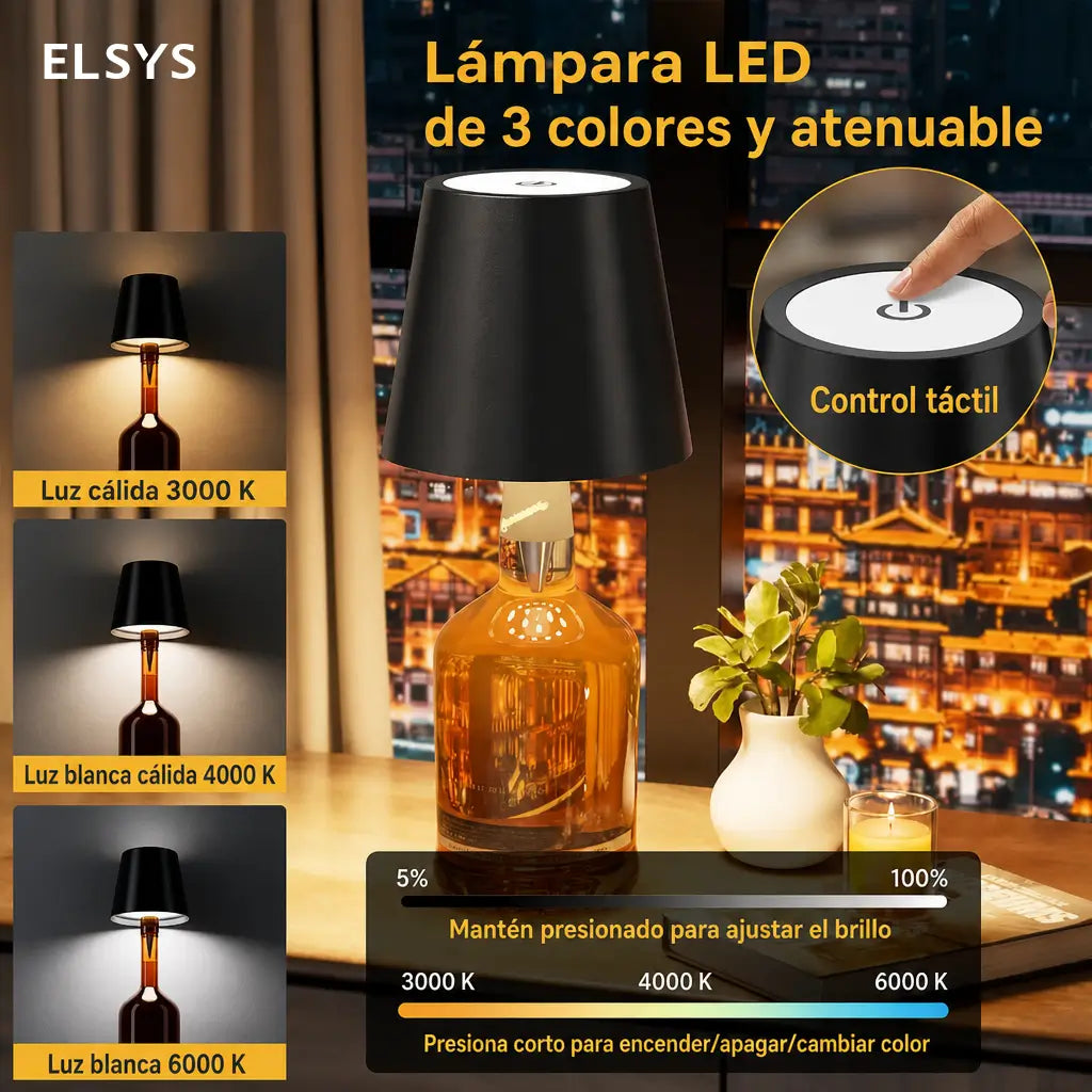 Lámpara LED inalámbrica para botella con control táctil, luz RGB regulable y carga USB-C para bar, recámara o camping