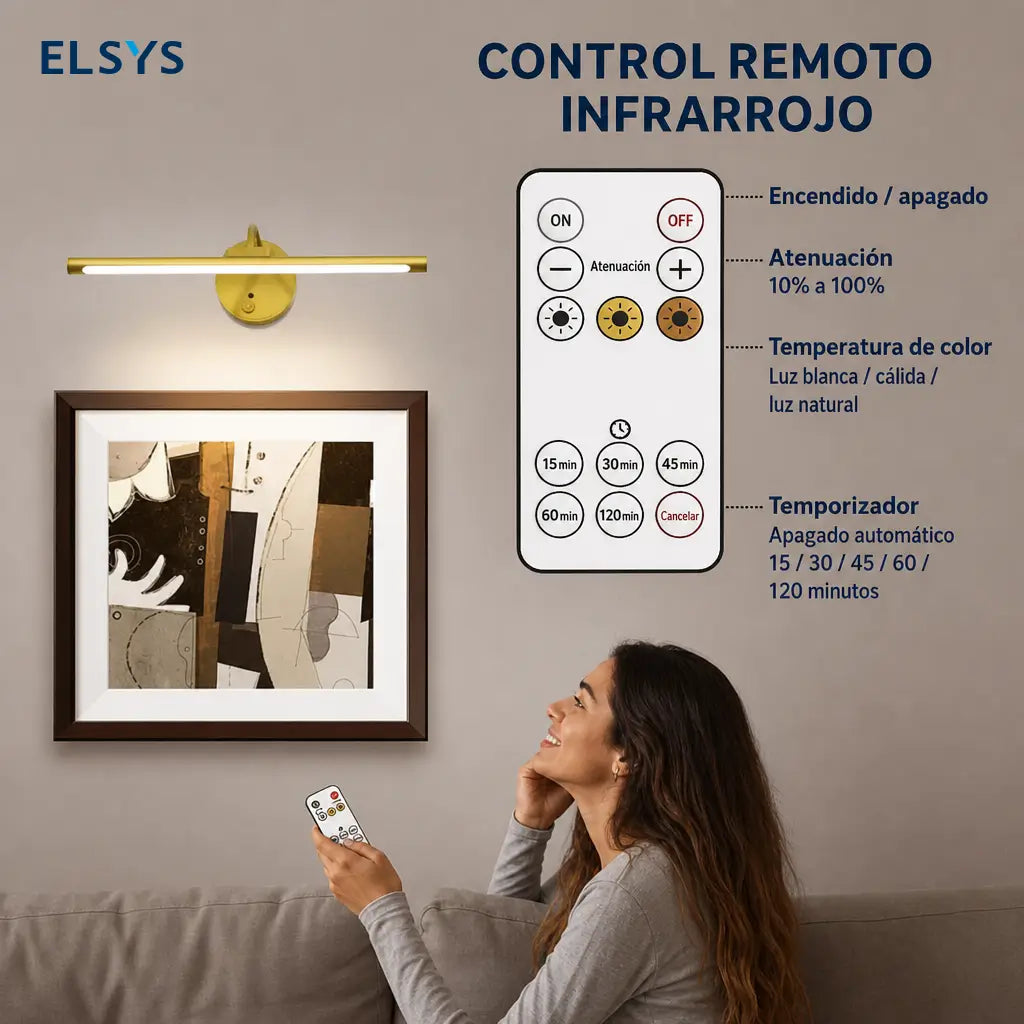 Lámpara de pared recargable USB para cuadros con control remoto, luz ajustable y rotación 360° para arte y decoración interior