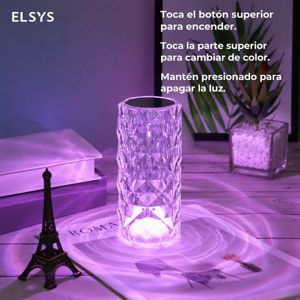 Lámpara de mesa LED tipo cristal rosa diamante RGB con control remoto y sensor táctil para ambiente en recámara y sala