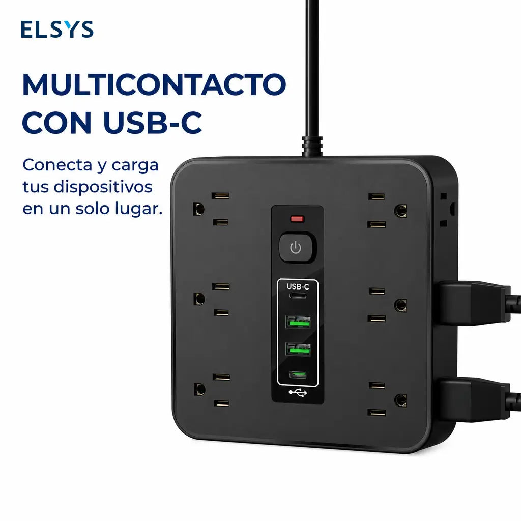 Multicontacto 16 en 1 con protección contra picos, 12 tomas AC y USB-C para carga organizada en casa, oficina o viaje diario