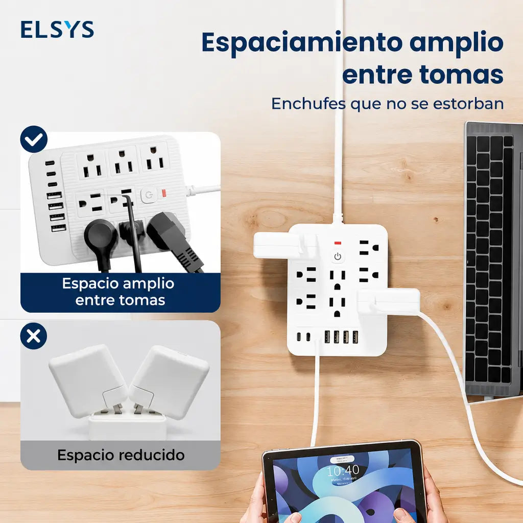 Multicontacto 15 en 1 con 8 tomas, USB-C y protección contra sobretensión para cargar varios equipos en oficina, casa y viajes