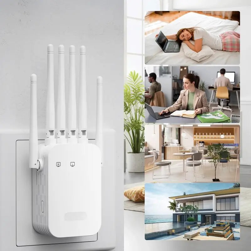 Extensor de WiFi 2025 de 6 Antenas, Amplificador de Señal Potente Doble Banda 1200Mbps, Cobertura hasta 1,100 m² y 100 Dispositivos, Repetidor con Puerto Gigabit y Conectividad IA, Ideal para Home Office y Streaming