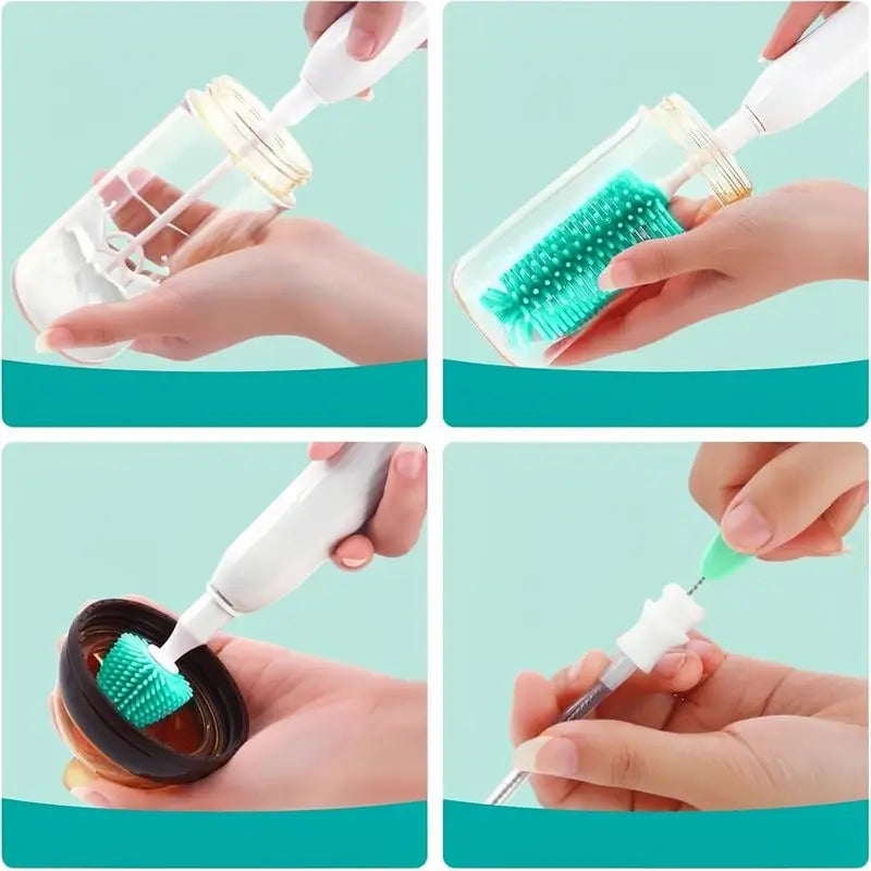 Cepillo Eléctrico para Limpiar Biberones y Mamilas, Kit de Limpieza 360° de Silicón con Cepillo para Tetinas y Popotes, Impermeable, Set de 6 Piezas para Recién Nacidos