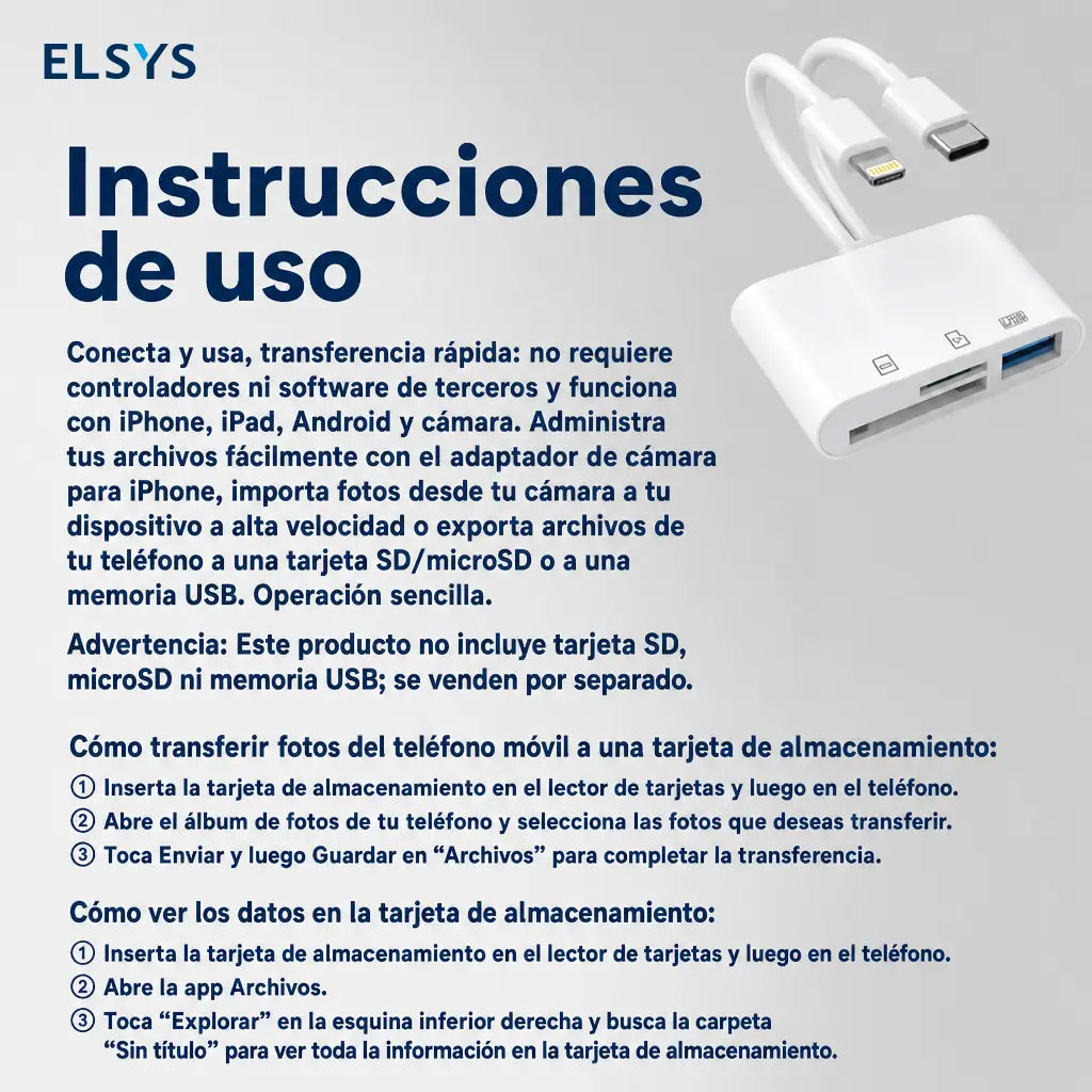 Lector de tarjetas SD 5 en 1 USB-C y Lightning con USB 3.0 para transferir fotos en iPhone, iPad y Android sin app