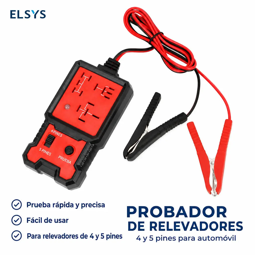 Probador automotriz de relevadores 12V con indicador LED rojo y verde para diagnóstico rápido en autos, talleres y revisión de 4 y 5 pines