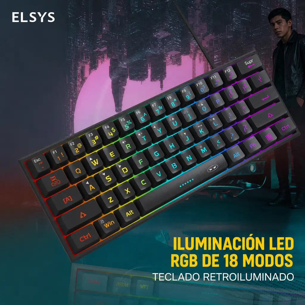 Teclado gamer 60% compacto TS91 con iluminación RGB y 61 teclas de membrana para jugar o trabajar en PC, Mac, PS4 y Xbox One