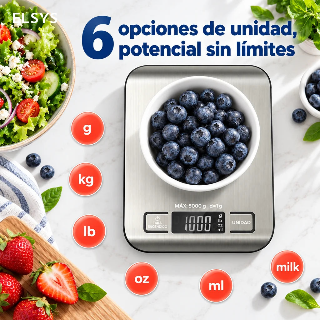 Báscula digital de cocina con tara y precisión de 1 g