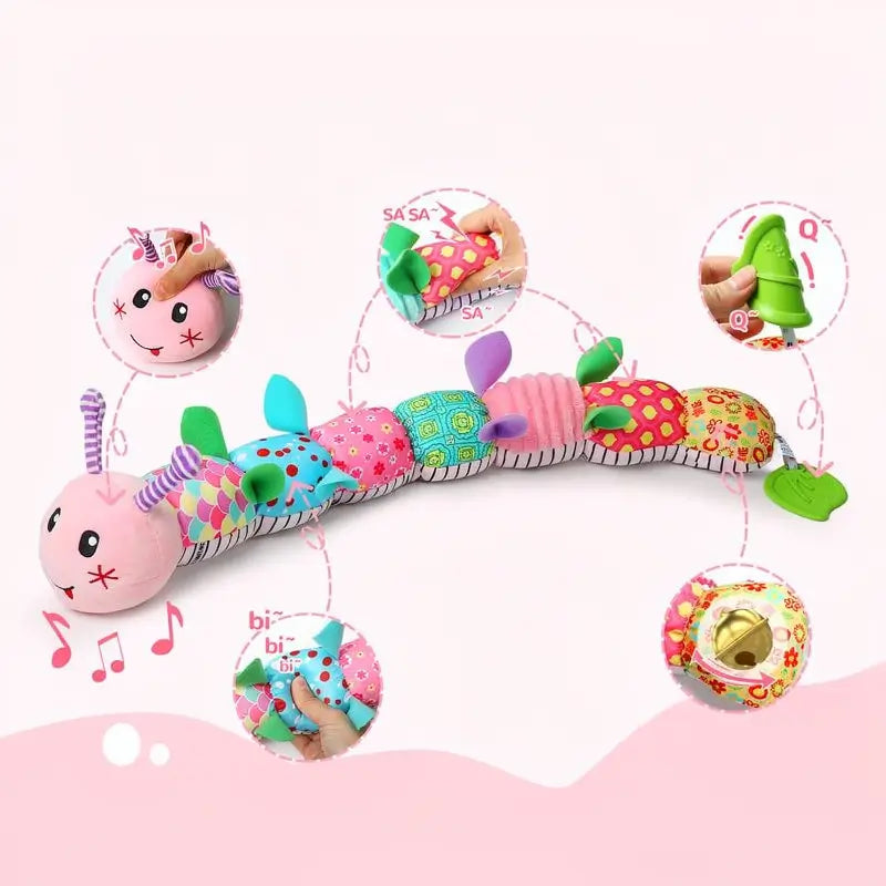 Juguetes para Bebé Recién Nacida, Juguete de Estimulación Temprana y Tummy Time, Peluche Musical con Sonajas y Texturas, Regalo para Bebés, Oruga Rosa