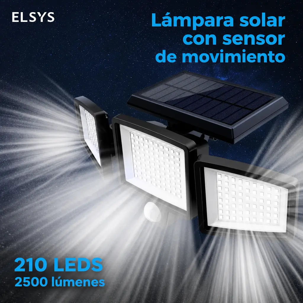 Lámpara solar exterior de seguridad 2500 lm con 3 cabezales ajustables, sensor PIR y control remoto para patios y cocheras