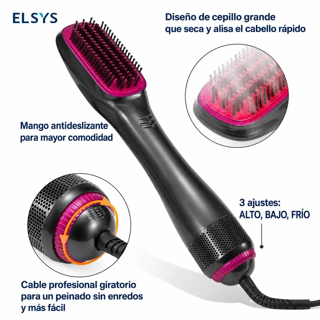 Cepillo secador y alisador 3 en 1 de 1200 W con ajustes de calor para cabello lacio y suave en casa sin complicarte