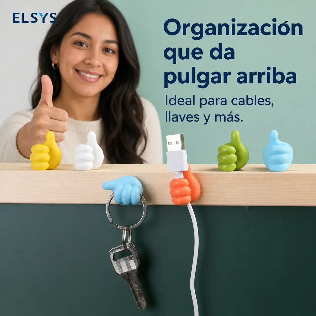 Set de 4 ganchos adhesivos de pulgar para organizar cables y decorar escritorios, recámaras y espacios del hogar sin perforar paredes fácilmente