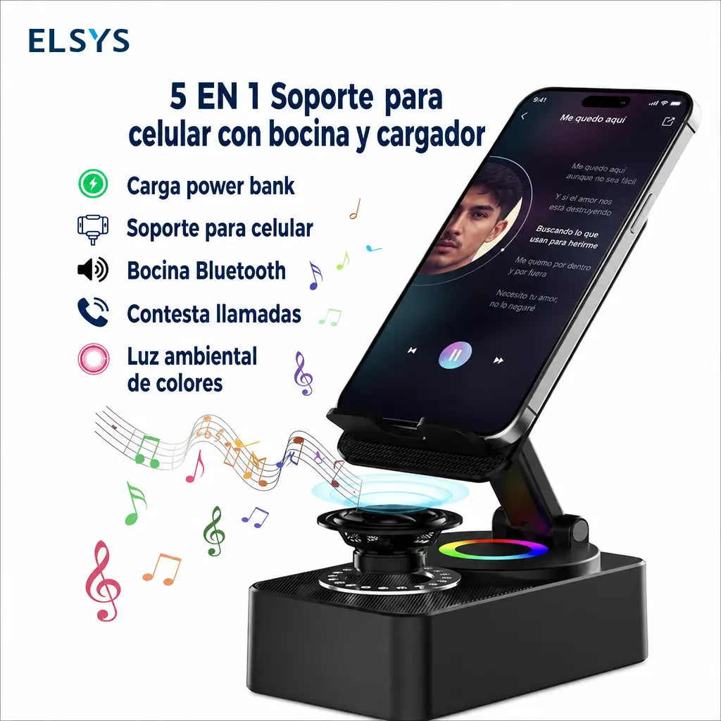 Bocina Bluetooth portátil con base plegable, carga de emergencia y soporte 360° para ver series, escuchar música y hacer videollamadas