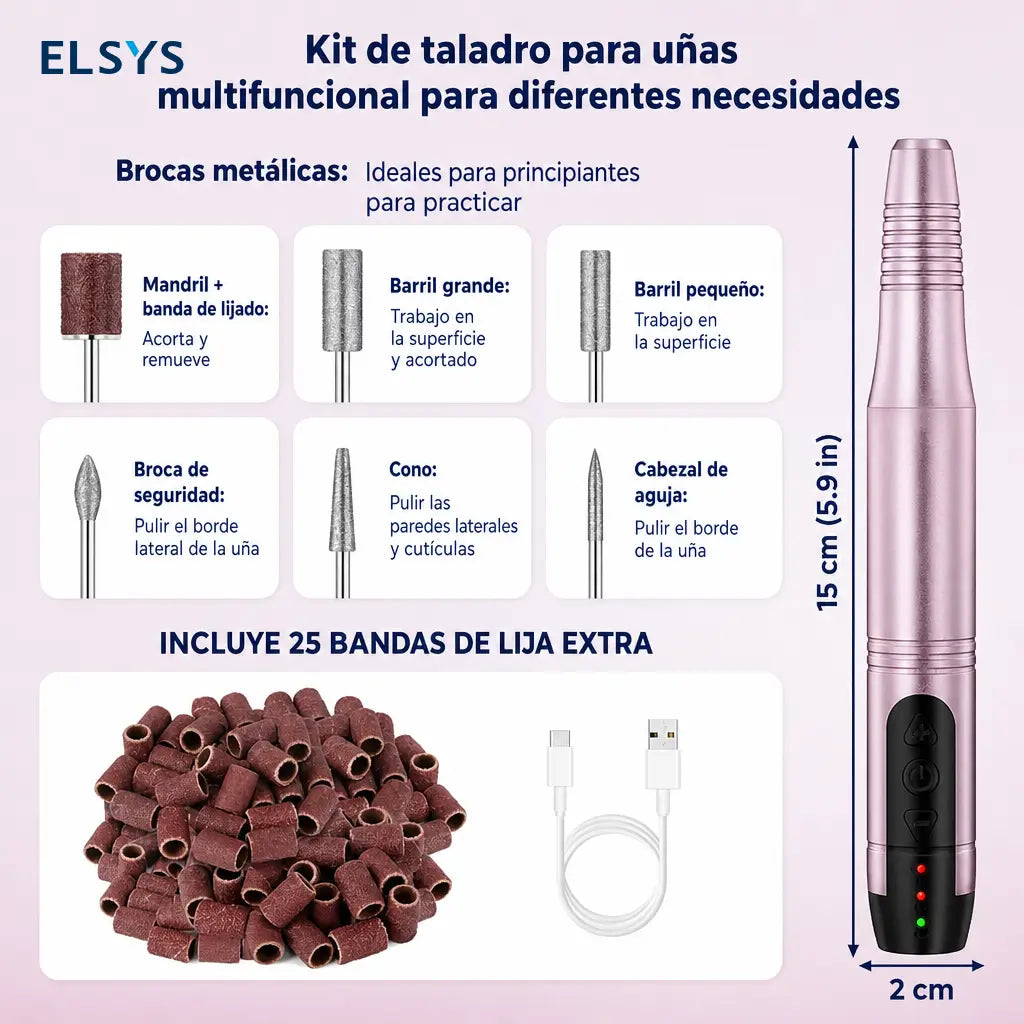 Torno eléctrico inalámbrico para uñas con velocidad ajustable y giro reversible, para manicura, pedicura y nail art en gel o polvo