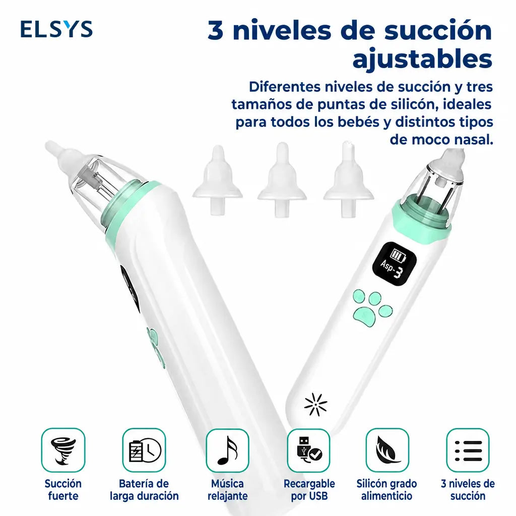 Aspirador nasal eléctrico recargable para bebé con 3 niveles de succión, puntas de silicón y música calmante para aliviar congestión en casa y viajes