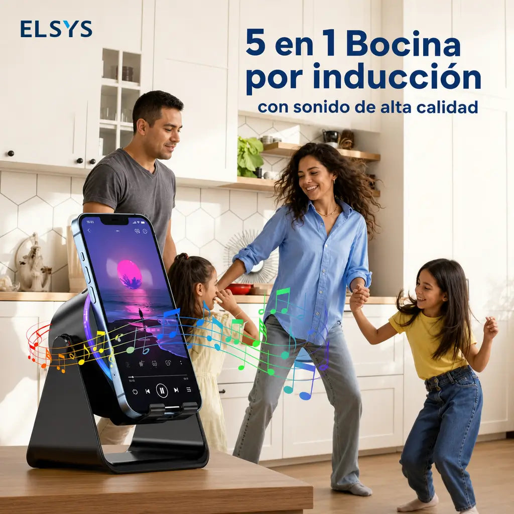 Bocina Bluetooth 5.3 con soporte para celular, giro 360°, luz RGB y audio por inducción para casa, oficina, viajes y tablet
