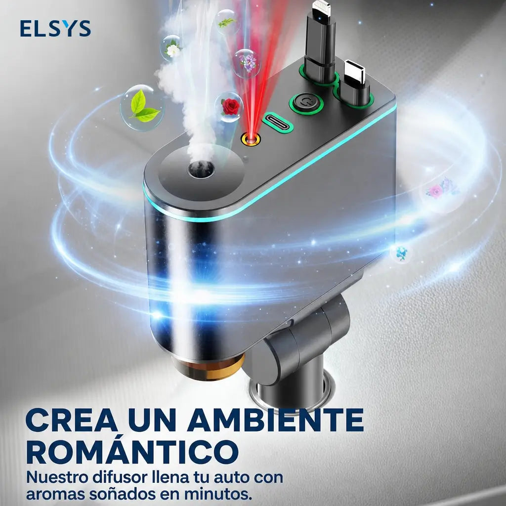 Cargador retráctil para auto 66W con USB-C y Lightning, difusor aromático y luz estrellada para cargar tu celular sin enredos diarios