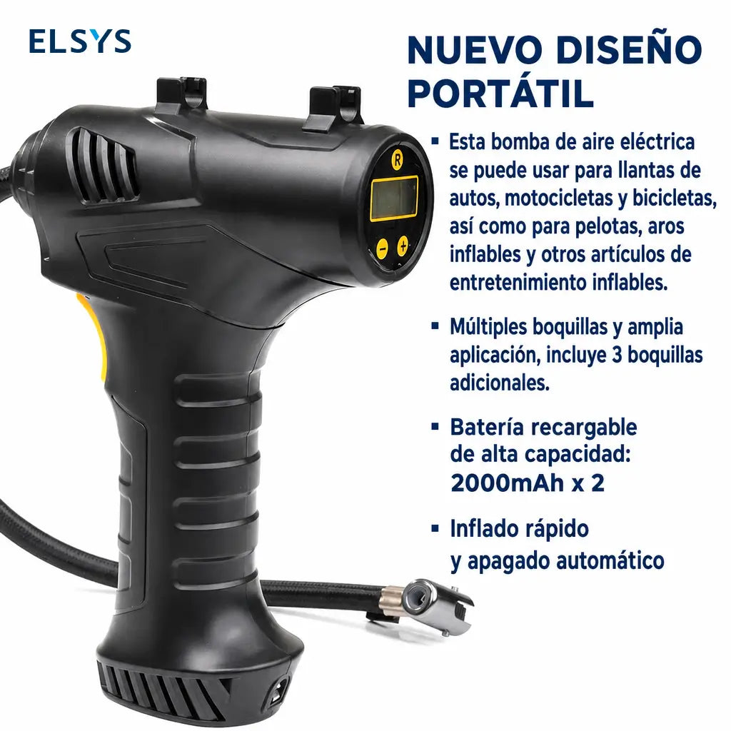 Inflador eléctrico portátil para llantas 150 PSI con luz LED, manómetro digital y boquillas para auto, bicicleta, balones deportivos y SUV