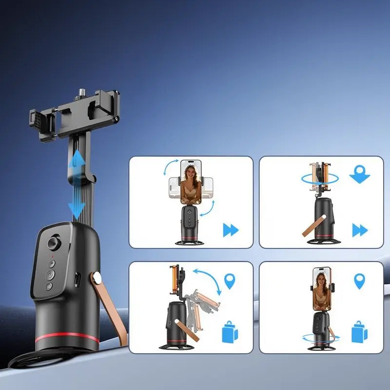 Tripie con Seguimiento Facial Automático y Control por Gestos, Soporte Giratorio 360° para Celular, Cámara Inteligente para Vlogs, Streaming y Video en Vivo, Kit de Vlogging para Smartphone