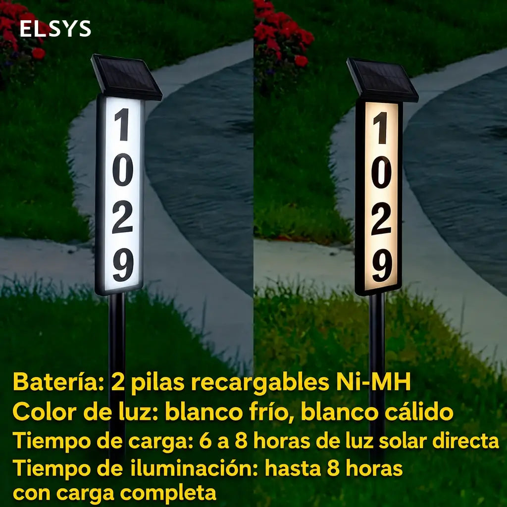 Letrero solar LED para número de casa con estaca, luz blanca o cálida y placa personalizable para entrada, jardín o patio