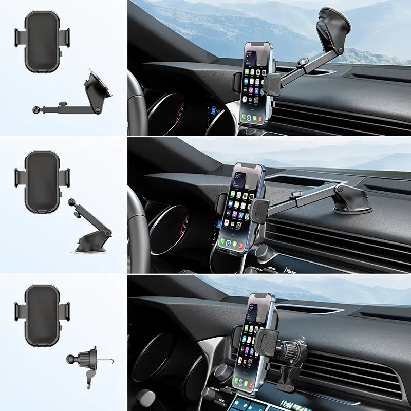 Soporte de Celular para Carro 3 en 1, Ventosa de Succión Fuerte para Parabrisas y Tablero, Clip para Rejilla de Aire, Ajuste Universal con TPU y Botón de Liberación Rápida, Base Duradera y Protectora