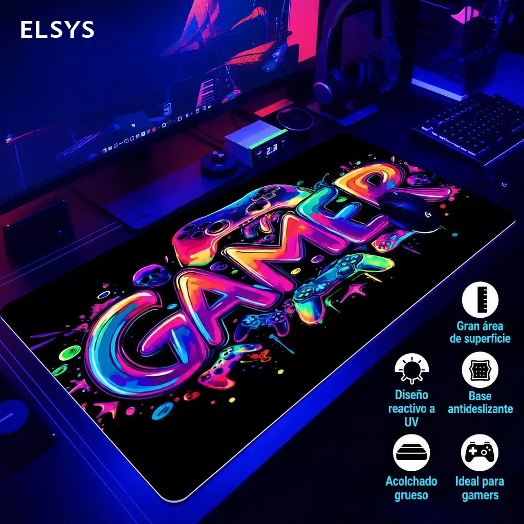 Mousepad gamer de goma antiderrapante con gráficos UV reactivos, formato grande para teclado, mouse y escritorio de juego en casa u oficina