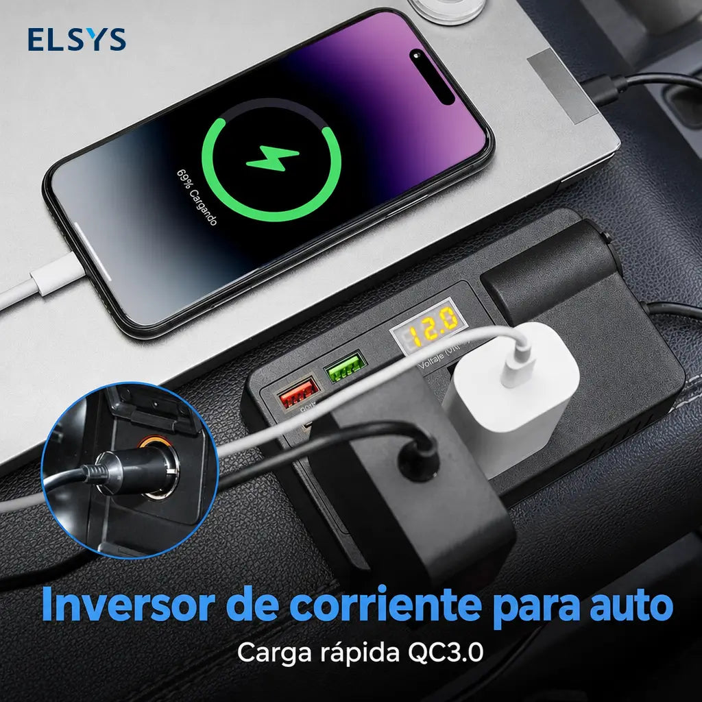 Inversor compacto para auto 12V-24V a 220V con carga rápida QC3.0 y pantalla, para celulares, tablets y laptops en viajes