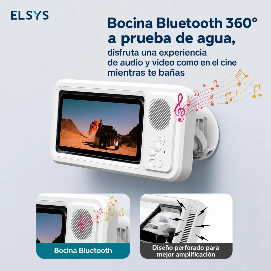 Soporte impermeable para celular con bocina Bluetooth y rotación 360° para ver videos en regadera o cocina sin usar las manos