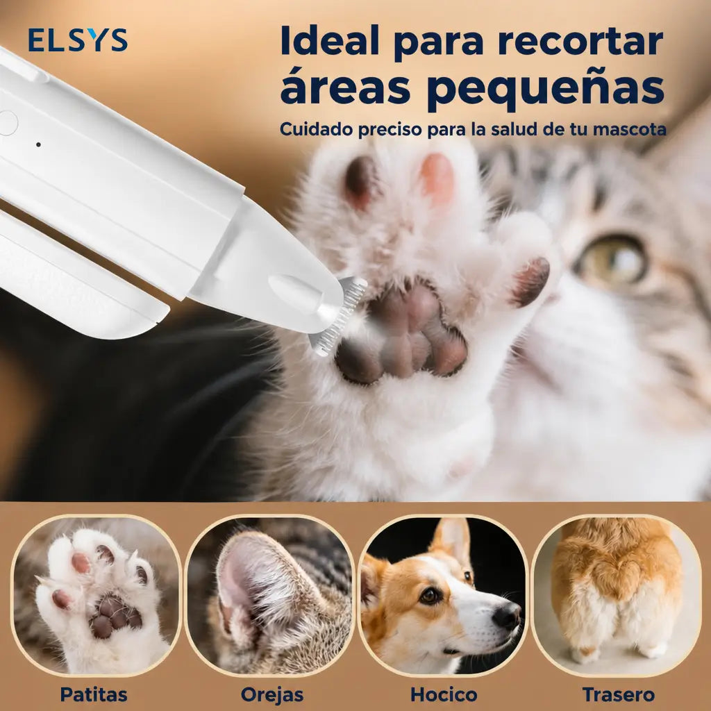 Cortador de uñas y recortadora de pelo para mascotas con luz LED, recolector integrado y carga USB-C para perros y gatos