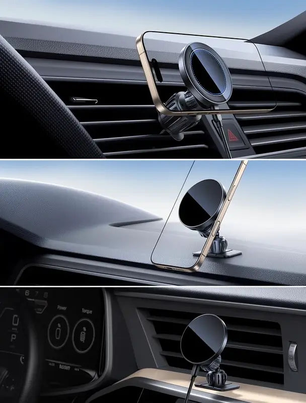 Cargador MagSafe de 15W para Auto y Soporte Magnético – [Clip para Rejilla y Adhesivo para Tablero 2 en 1] Porta Celular Inalámbrico de Carga Rápida para iPhone 16/15 Pro Max Ajustable