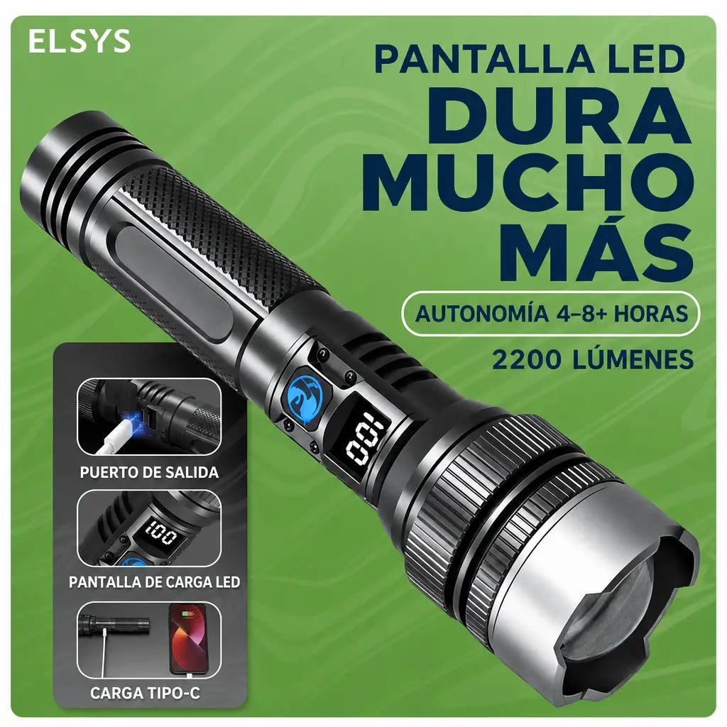 Linterna LED recargable 2 en 1 de 2200 lúmenes con power bank para camping y emergencias