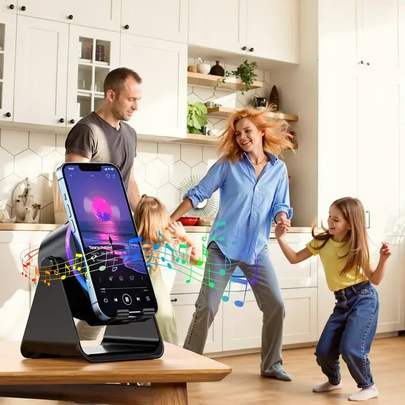 Bocina Bluetooth 5 en 1 con Audio por Inducción Inalámbrica, Soporte Giratorio de 360° con LED, Base Universal para Sonido Surround y Cargador, Soporte Portátil de Escritorio para Hogar, Regadera, Exterior y Viajes