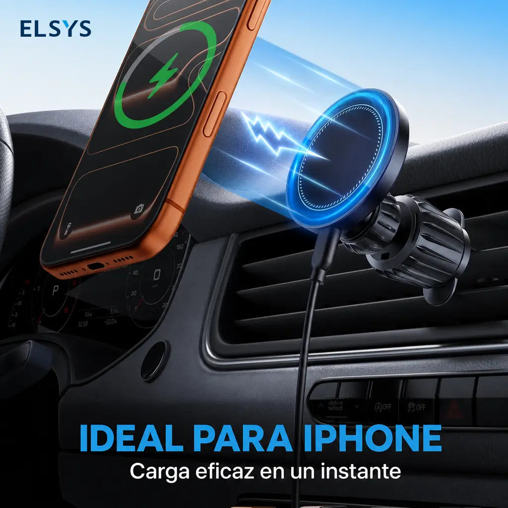 Cargador inalámbrico magnético 15W para auto con soporte ajustable 360° y montaje 3 en 1, ideal para iPhone en viajes diarios