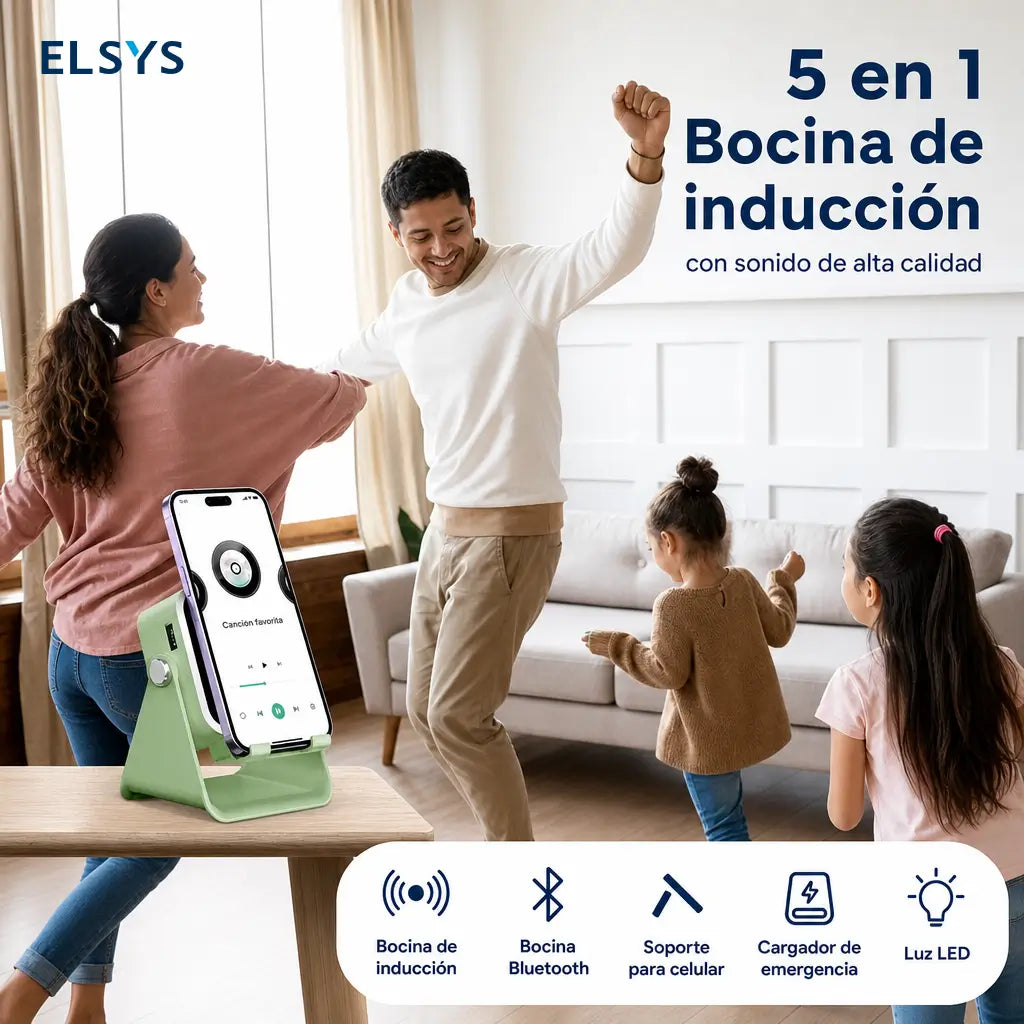 Bocina inalámbrica 5 en 1 con soporte ajustable 360°, luz RGB y power bank de 3500 mAh para celular y tablet en casa