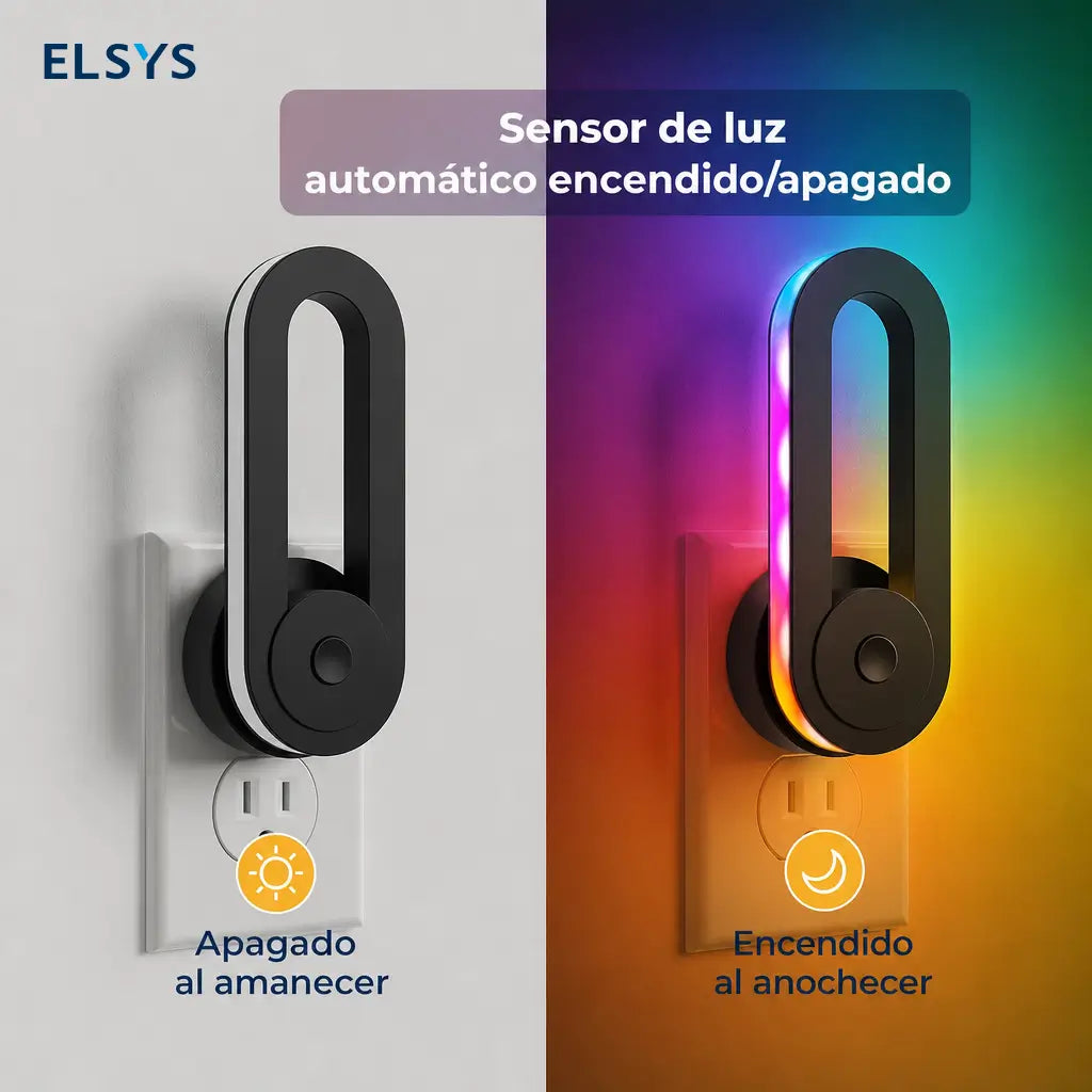 Lámpara nocturna LED RGB enchufable con sensor automático, dos modos de luz y giro 180° para recámara, sala gamer o buró