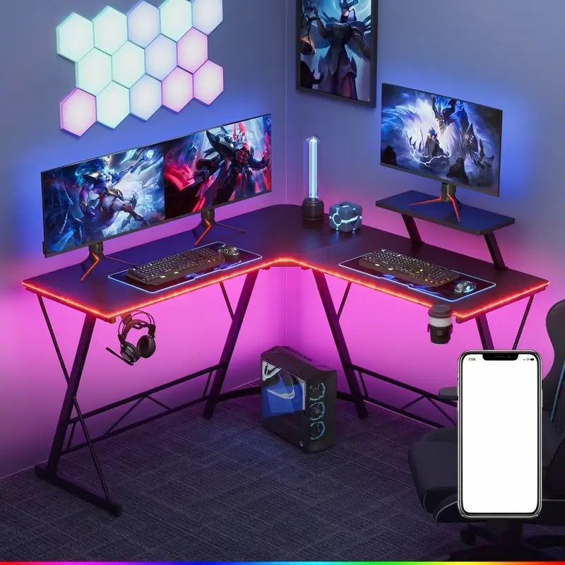 Escritorio Gamer en L con Luces LED, Escritorio de Esquina para Computadora con Portavasos y Gancho para Audífonos, Estación de Trabajo para Oficina en Casa con Soporte para Monitor Grande, Fácil de Armar (Negro, 130 cm)