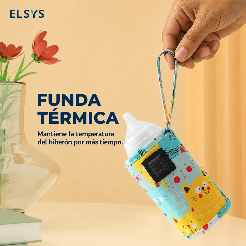 Calentador portátil USB para biberón con 3 temperaturas y funda térmica con gatitos para casa, viajes y salidas con bebé diarias