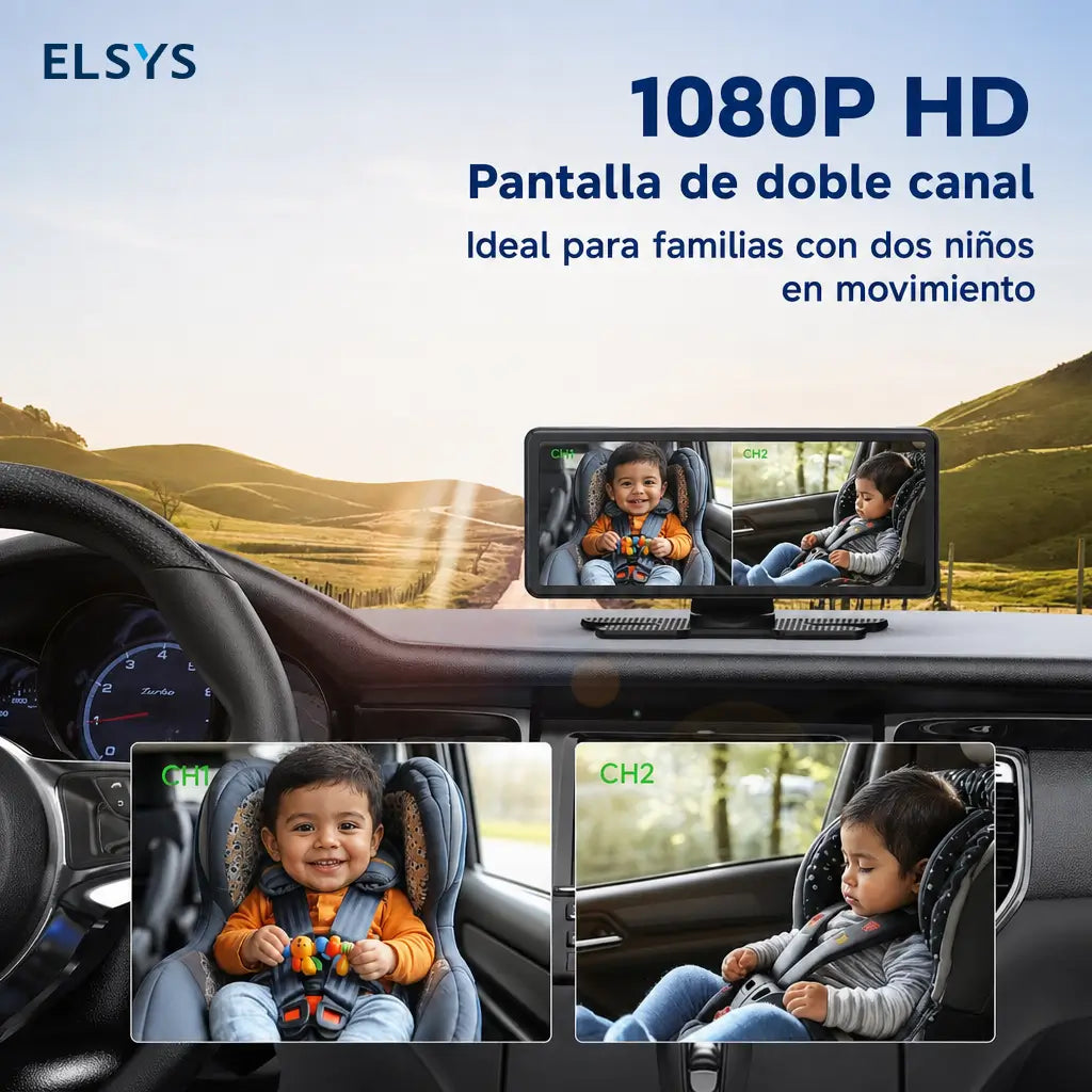 Monitor dual para bebé en auto con pantalla 7.2” 1080P, visión nocturna y vista dividida para dos niños en viajes familiares