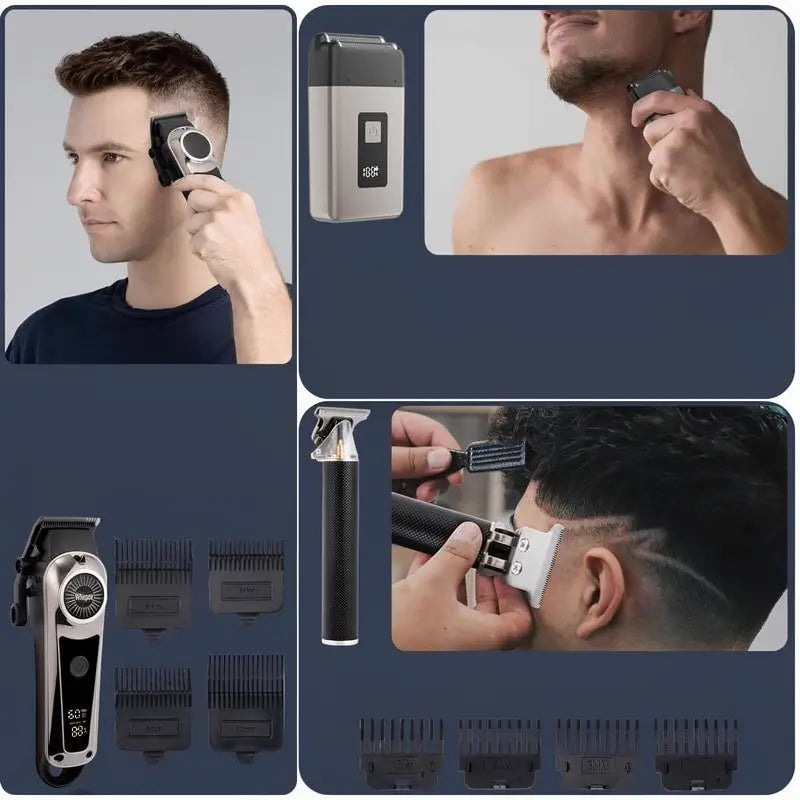 Kit Profesional de Máquina Cortadora de Cabello y Recortadora para Hombre Recargable USB, Set de Barbería con Pantalla LCD y Cuchilla Ajustable