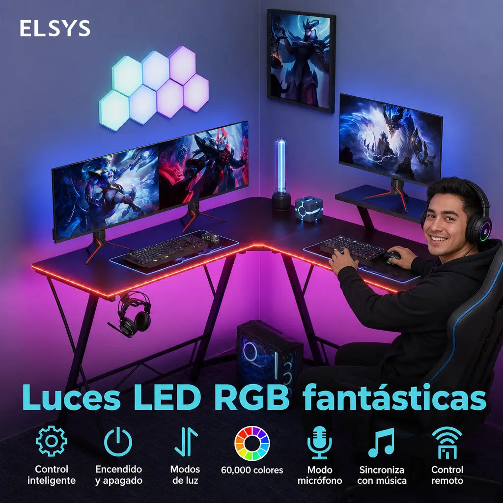 Escritorio gamer en L de 129 cm con soporte para monitor y luces RGB para home office y setup de juego negro estable