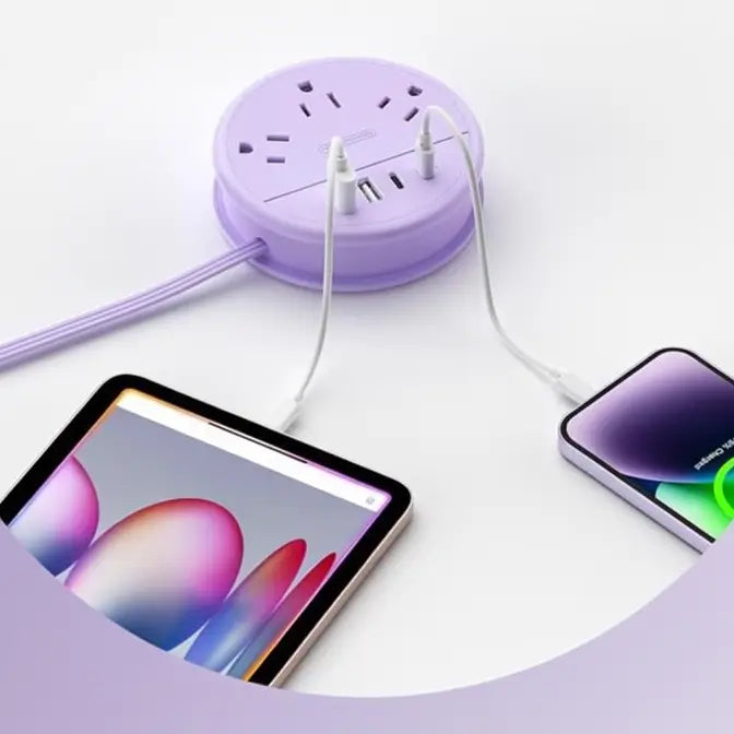 Multicontacto de Viaje Redondo con 3 Salidas de CA y 4 Puertos USB (2 USB-C) – Cable de Extensión Enrollable de 1.2 m, Apto para Cruceros, Esencial para Hotel, Dormitorio y Oficina