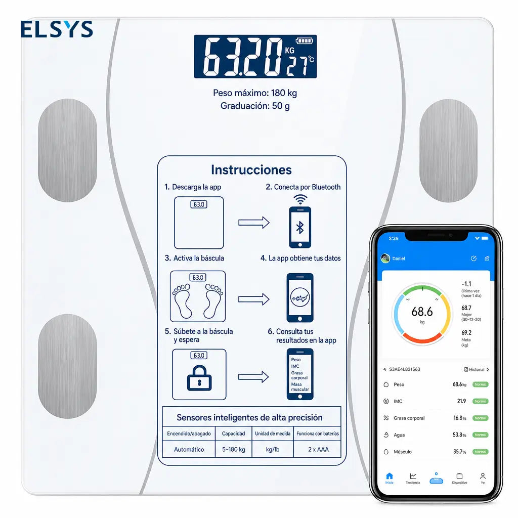 Báscula digital Bluetooth para baño con medición de peso, grasa corporal e IMC, ideal para seguimiento diario personal fácil