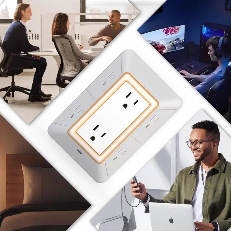Supresor de Picos con Luz Nocturna, 3 Puertos USB y 6 Contactos de CA, Protector Eléctrico Multicontacto