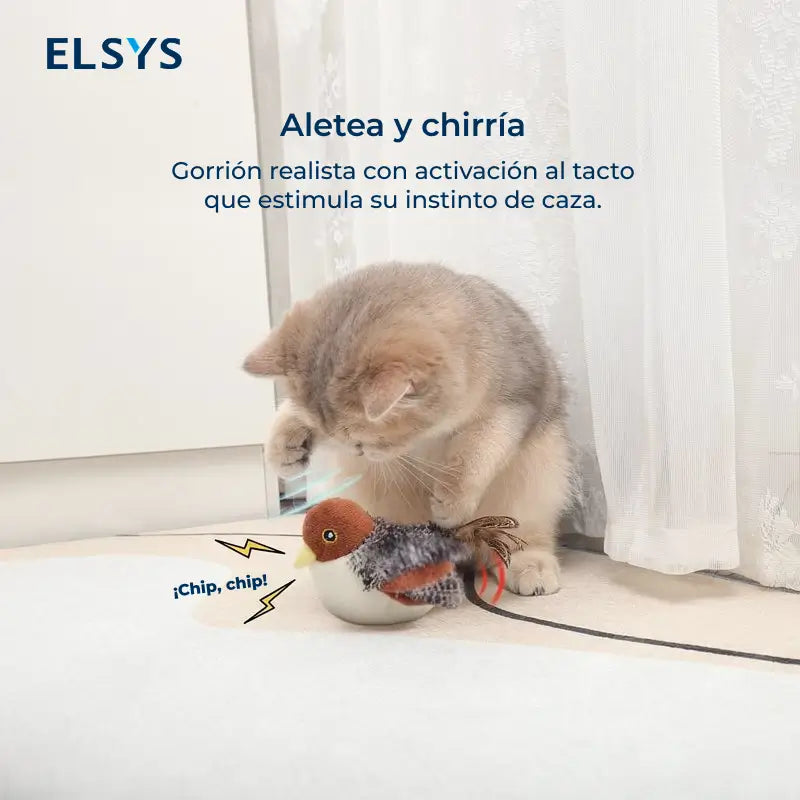Juguete Interactivo para Gato Pájaro Realista que Aletea, Juguete para Patear con Sonido Chirriante, Recargable y Activado por Tacto