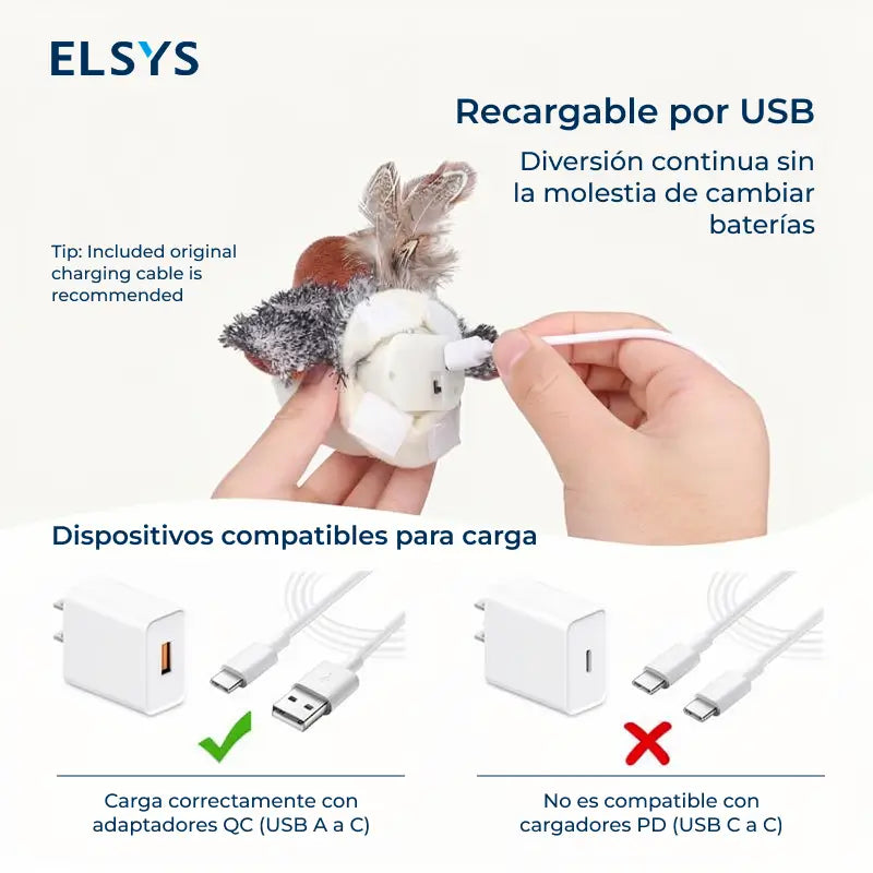 Juguete Interactivo para Gato Pájaro Realista que Aletea, Juguete para Patear con Sonido Chirriante, Recargable y Activado por Tacto