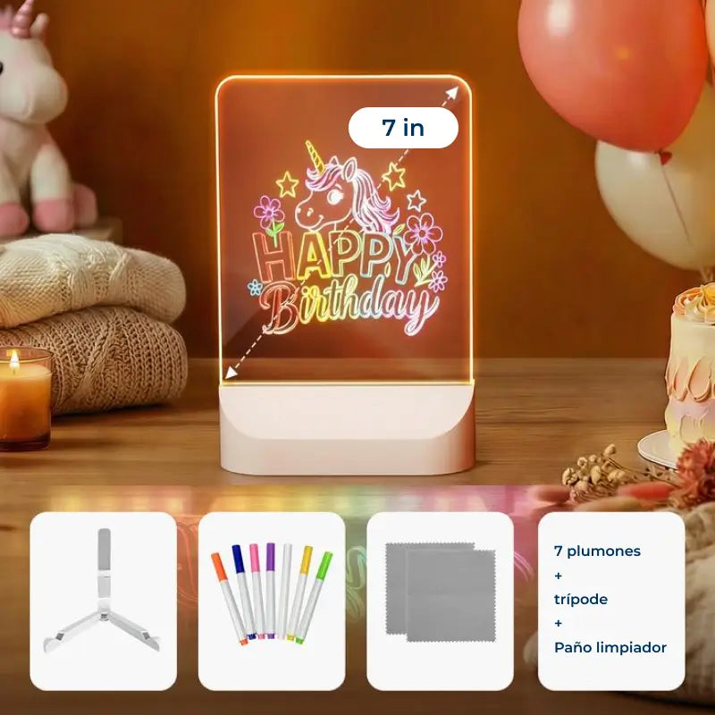 Tablero acrílico con luz LED para niños, borrado en seco y soporte ajustable, ideal para dibujos, notas y aprendizaje