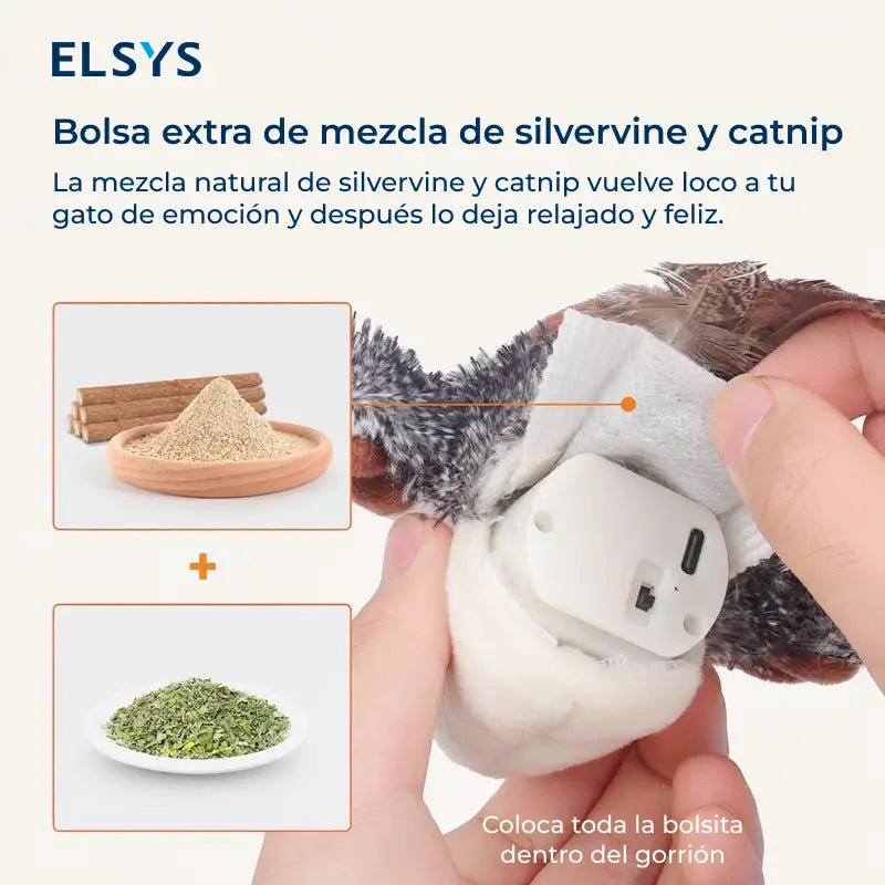 Juguete Interactivo para Gato Pájaro Realista que Aletea, Juguete para Patear con Sonido Chirriante, Recargable y Activado por Tacto