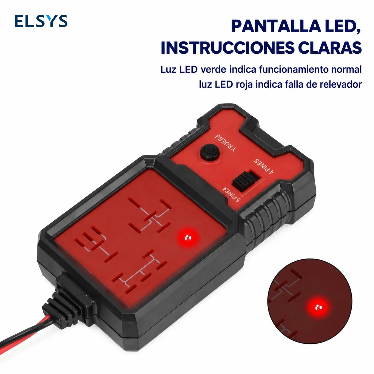 Probador de relevadores automotrices 12V/24V con LED y selector 4/5 pines para diagnóstico rápido en auto y taller